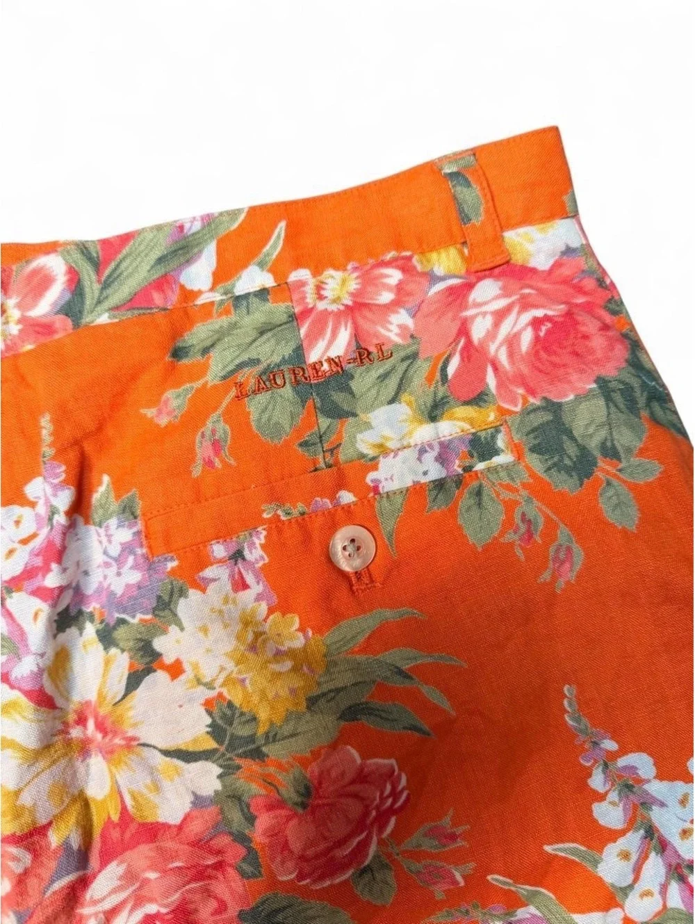Vintage Lauren Ralph Lauren Linen Shorts 14 Orange Floral High Rise 90s